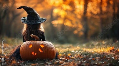 Hermosa jovencita disfrazada de bruja al aire libre. ¡Feliz Halloween! Linda brujita con una gran calabaza