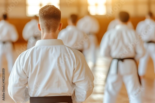 A dynamic scene capturing a group of karate athletes in traditional gi uniforms practicing their katas