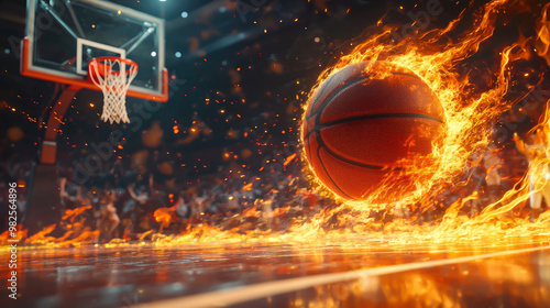 A basketball flies towards the hoop, leaving a trail of fire, showcasing a dynamic moment in a vibrant arena filled with spectators at night.