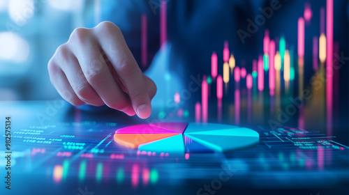 An investor adjusting sections of a pie chart, representing different investments in their portfolio. The background shows a transparent overlay of candlestick charts, illustrating