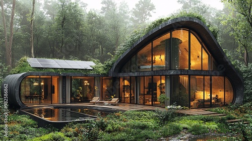 A futuristic forest home with a sustainable design, solar panels, and large windows that allow the outdoors to be part of the interior