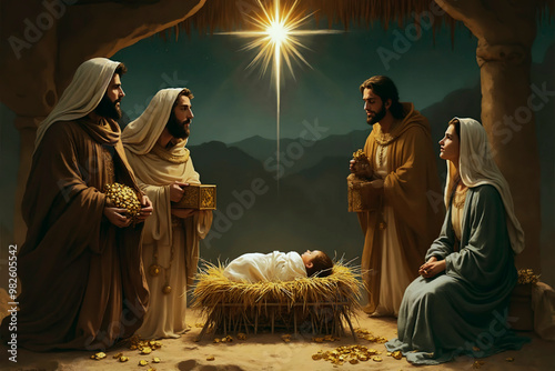 Adoration of the Shepherds - Nativity. Biblical scene. Holy Family, virgin Mari and 3 three wise men. merry Christmas time celebration. kings giving gifts to baby Jesus Christ. star of bethlehem.