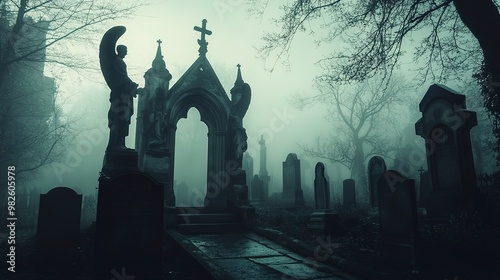 Gothic crypt in the corner of a fog-covered graveyard, ancient stone angels standing guard, eerie shadows stretching across the graves