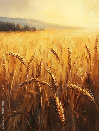 Golden Wheat Field at Sunset in Warm Colors