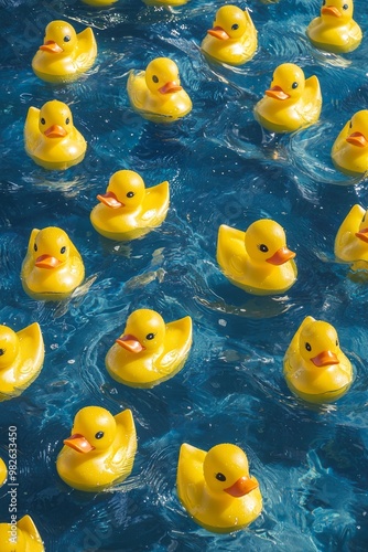 Sea of identical rubber duckies floating in calm, crystal-clear water, their vibrant yellow contrasting with the deep blue. 