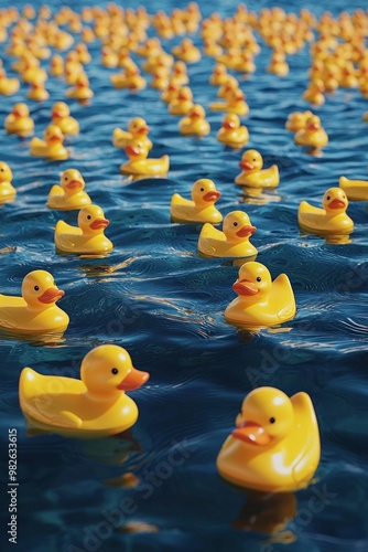 Sea of identical rubber duckies floating in calm, crystal-clear water, their vibrant yellow contrasting with the deep blue. 