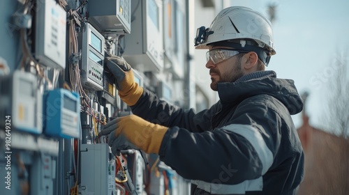 A technician in safety gear inspects electrical equipment, ensuring proper functioning of meters and maintaining safety protocols.