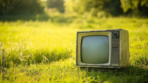 Vintage Television Abandoned in a Lush Green Field