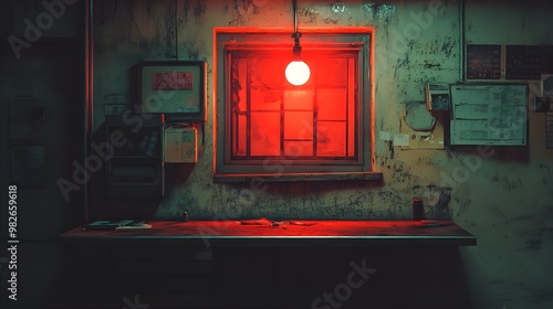 An isolated police outpost, dimly lit by a single red bulb. The suspect fidgets under the glare, while the scratched metal table reflects the harsh lighting