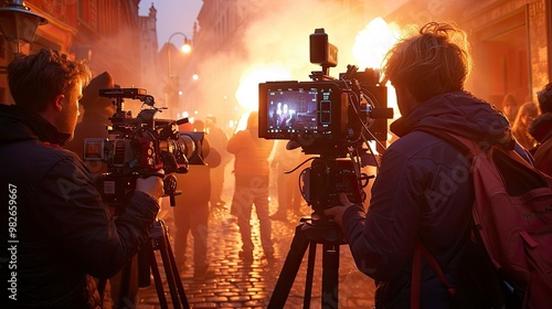 A team of filmmakers on a set, coordinating shots and scenes. Their synchronized efforts are crucial in bringing the director's vision to life.