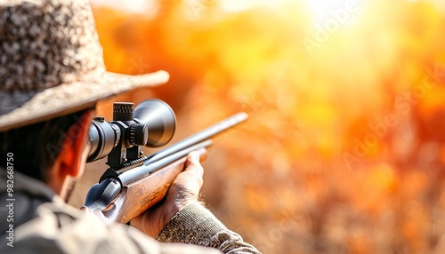 Hunter Aiming a Rifle in Autumn Landscape