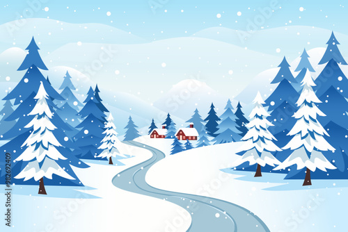 Winter landscape of forests, mountains, roads and beautiful houses in snowy weather. Beautiful snowy day, snowdrifts, mountains, snow-covered trees, amazing clouds, red houses and road.