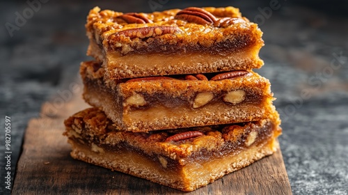 Close-up of three stacked pecan bars on a wooden surface, featuring a layered texture with a buttery crust and a rich, caramel-like filling topped with whole pecan nuts.