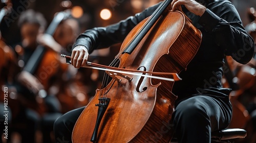 cello player performing with a bow in a classical music orchestra capturing the art of live performance in a symphony concert