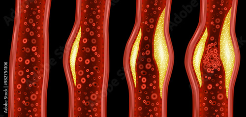 Artery narrowed by plaque and Normal artery. Atherosclerotic plaque. Cholesterol plaque in artery 