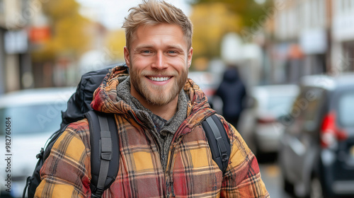 Happy Traveler in Autumn Street Setting