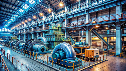 Industrial power plant interior with massive turbine generator machinery humming with electricity, steel pipes and valves weaving intricate network of modern energy production.