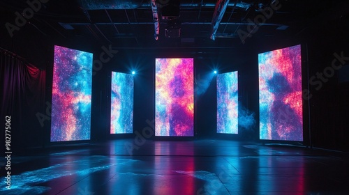 abstract light show and vibrant LED projection screens on stage, offering a dynamic visual display and immersive entertainment experience