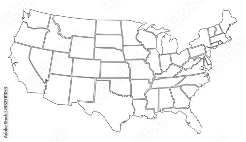 USA outline map isolated on a transparent or white background. Detailed map of the United States with outlined administrative divisions, vector illustration.