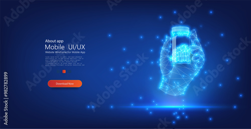 A digital wireframe hand holding a glowing battle of capsules, representing futuristic healthcare, pharmaceutical technology, and digital medical innovations. Modern medicine, online pharmacies