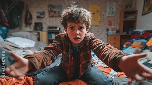 boy in a chaotic bedroom acting out with rebellious behavior and emotional struggles demanding attention and causing family conflict and frustration