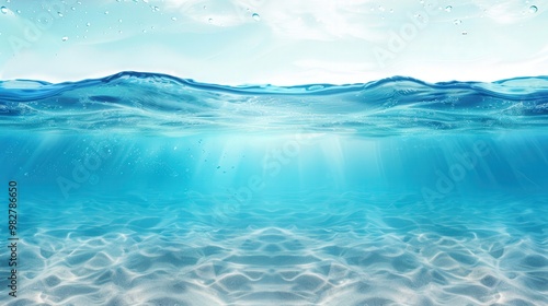 Underwater Serenity, expansive view of blue ocean waves flowing over a sandy sea bottom, creating a tranquil and immersive aquatic atmosphere for relaxation and exploration