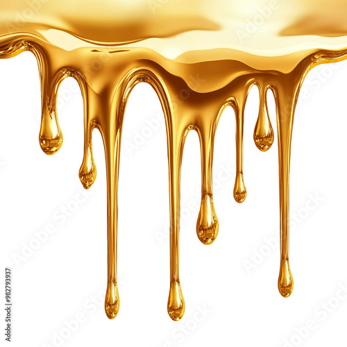 Gold liquid dripping down from the top, isolated 