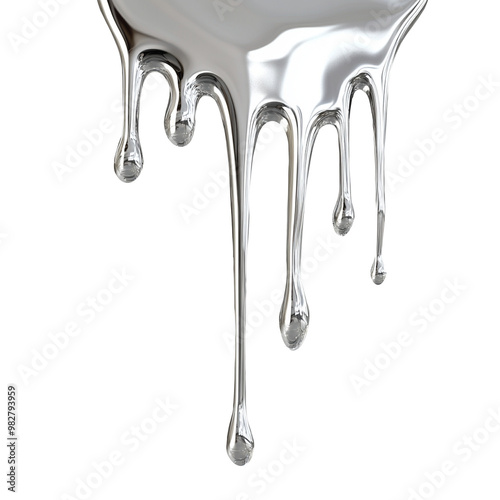 Silver liquid dripping down from the top, isolated 