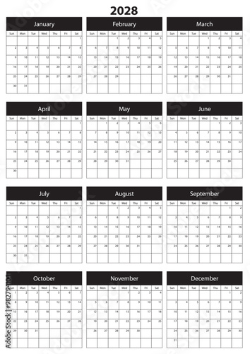 2028 Calendar Template. Vector calendar. Week starts sunday. Calendar template in minimal design