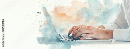 Closeup watercolor illustration hands using laptop computer and internet, typ on keyboard, search information, browsing. Freelancer copywriter working project, typing text, edit. Remote job concept