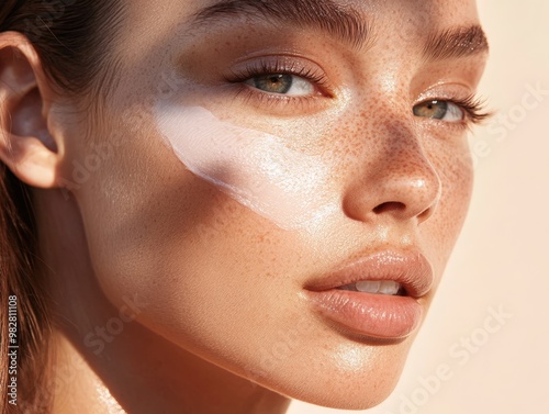 Close-up of a Woman's Face with Sheer Sunscreen Being Applied, Showing Natural Skin Texture and a Smooth Blend