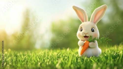 Playful cartoon bunny holding a carrot with space for copy in the green field