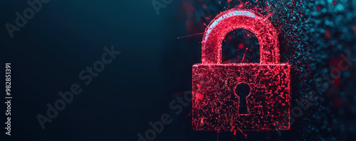 A digital padlock symbolizing cybersecurity is depicted, disintegrating into particles, representing threat of malware. This image evokes sense of urgency in protecting digital assets