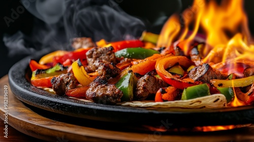 Close-up of sizzling fajitas with grilled vegetables on a hot skillet, emitting flames and steam, creating a mouth-watering visual experience.