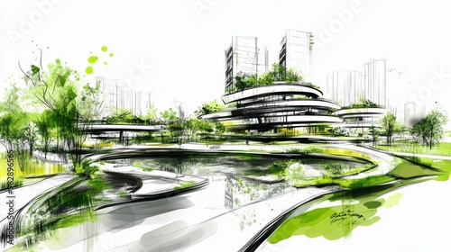 Innovative sustainable urban design incorporates eco-friendly elements.