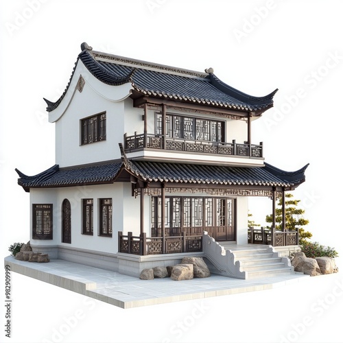 Adorable Chinese-style villa, 3D clay art technique, game-inspired architectural render, pristine white backdrop, high vantage point side view, detailed and charming design