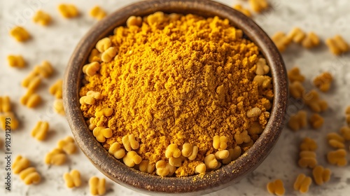 Ground Fenugreek: A yellowish-brown powder of ground fenugreek in a small dish, with whole fenugreek seeds scattered beside it.