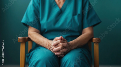 An elderly person sitting in a hospital waiting room, their hands clasped tightly in quiet fear as they wait for uncertain news