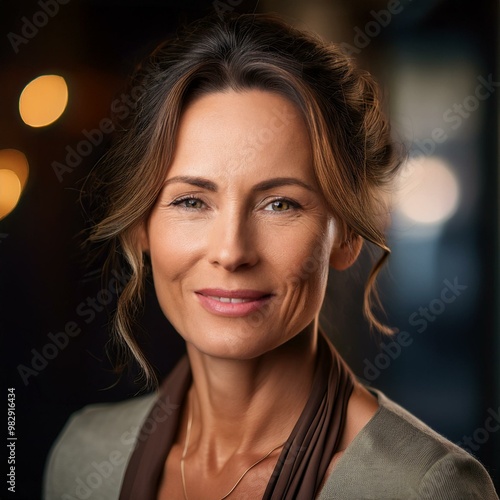 Portrait réaliste d'une femme élégante de 40 ans, souriante, cheveux bruns attachés, fond flou sombre