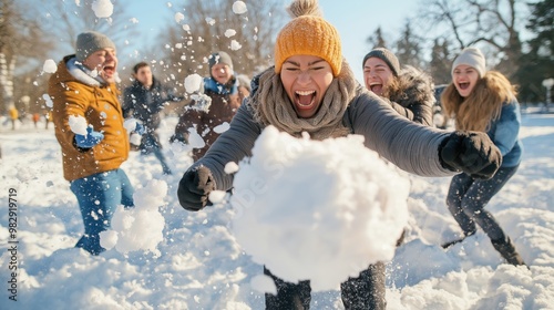 A group of friends engaging in a playful snowball fight outdoors in a snowy park, with some throwing snowballs and others laughing, all dressed in winter clothing.