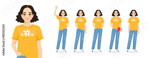 Young beautiful woman standing in different poses set. Isolated vector illustration