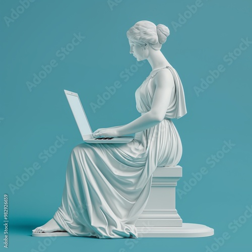 A classical statue of a woman working on a laptop against a vibrant teal background captured in a modern artistic representation