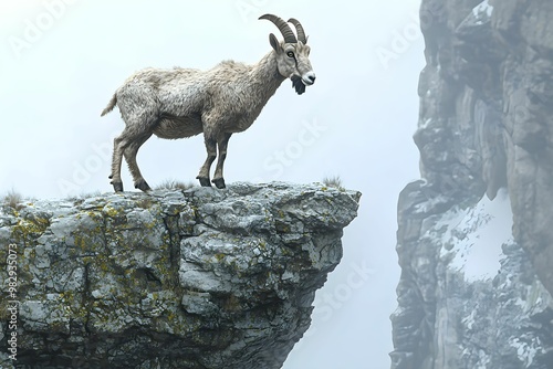 Mountain goat standing on rocky precipice in misty landscape