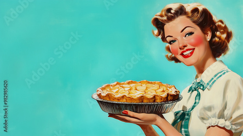 A vintage commercial style illustration of a perfect retro style traditional housewife in candy colours, smiling and holding a fresh baked pie. Wide landscape 16:9 with copy space, text blank