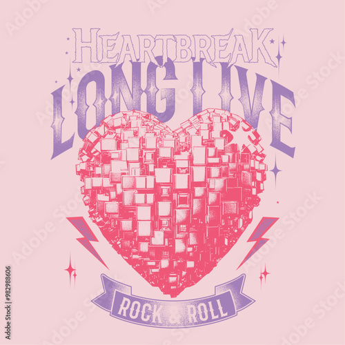 Long live rock and roll vintage vector t shirt print design. Heart illustration for fashion. Rock and roll vector graphic print design for apparel, stickers, posters, background and others.