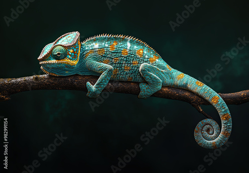 Beautiful Blue and Orange Chameleon on Branch – Wildlife Stock Photo