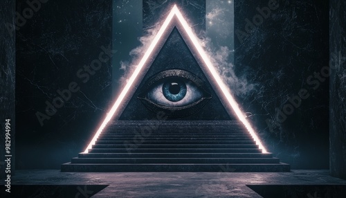 A neo-gothic structure with a central eye in a pyramid, surrounded by abstract elements representing esoteric knowledge and mystery.