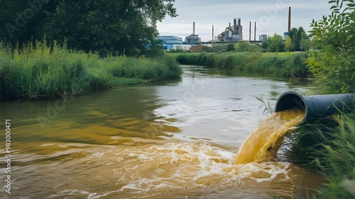 A sewage pipe discharging dirty water into the clean water of a river. The water in the river is murky and has a yellowish hue.The river is surrounded by lush greenery.