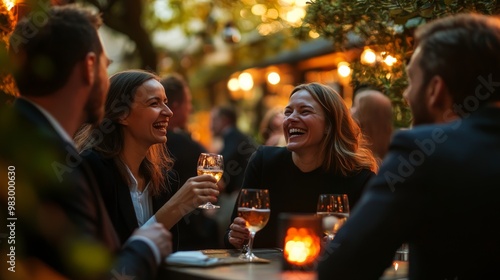 A group of colleagues shares laughter and clinks their glasses at an outdoor terrace bar, enjoying a pleasant evening filled with conversation and camaraderie