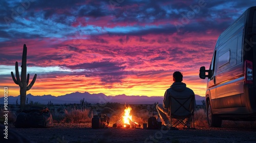 Van life during a road trip through a desert landscape, with cacti in the background, and a cozy campfire set up next to the van under a colorful evening sky